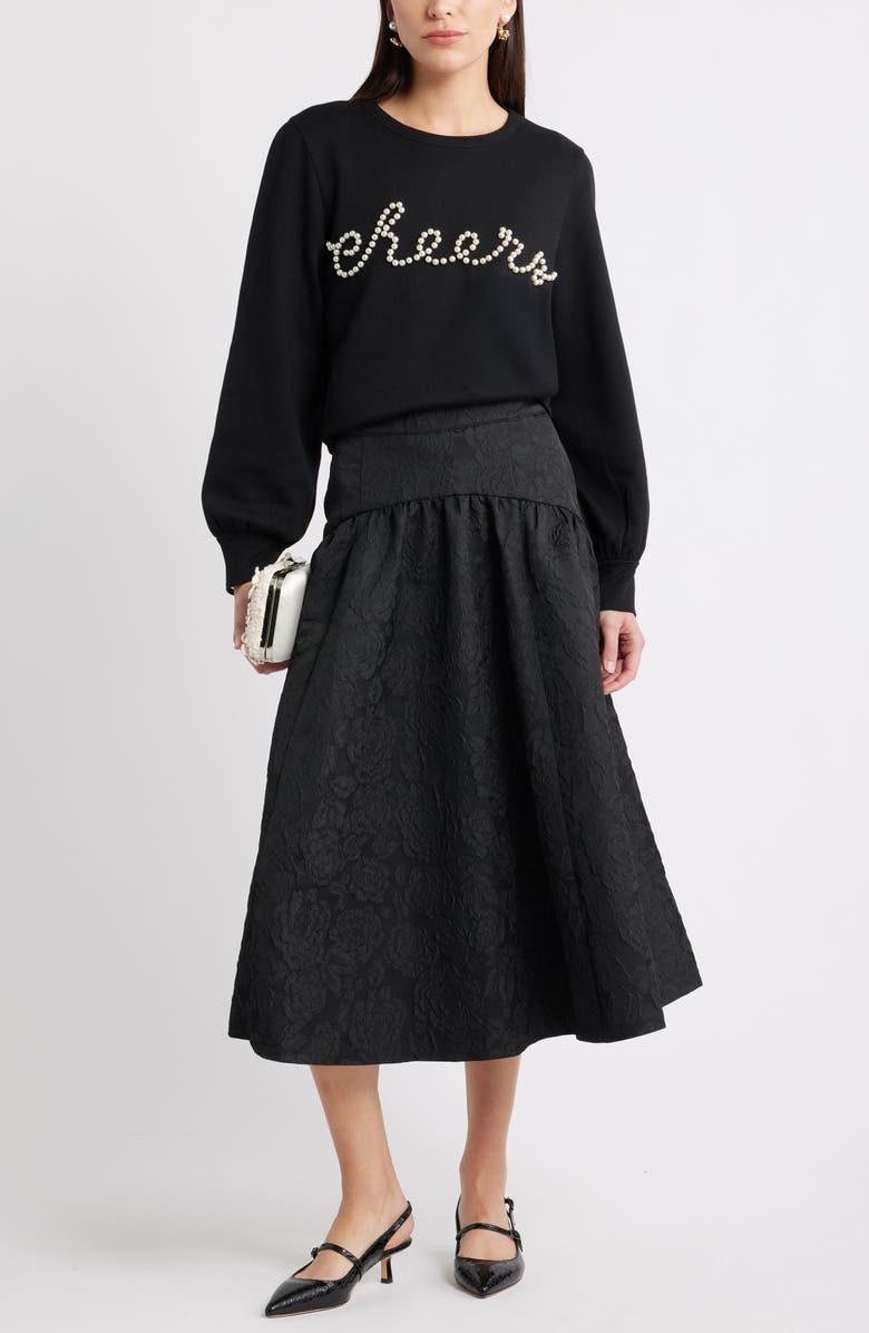 Caslon<sup>®</sup> Gretchen Imitation Pearl Embellished Balloon Sleeve Sweatshirt, Alternate, color, Black Cheers Embellishment