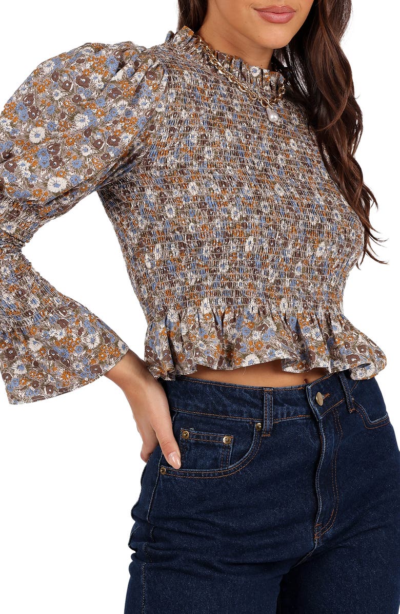 Petal & Pup Novah Smocked Puff Sleeve Crop Top, Alternate, color, Olive Floral