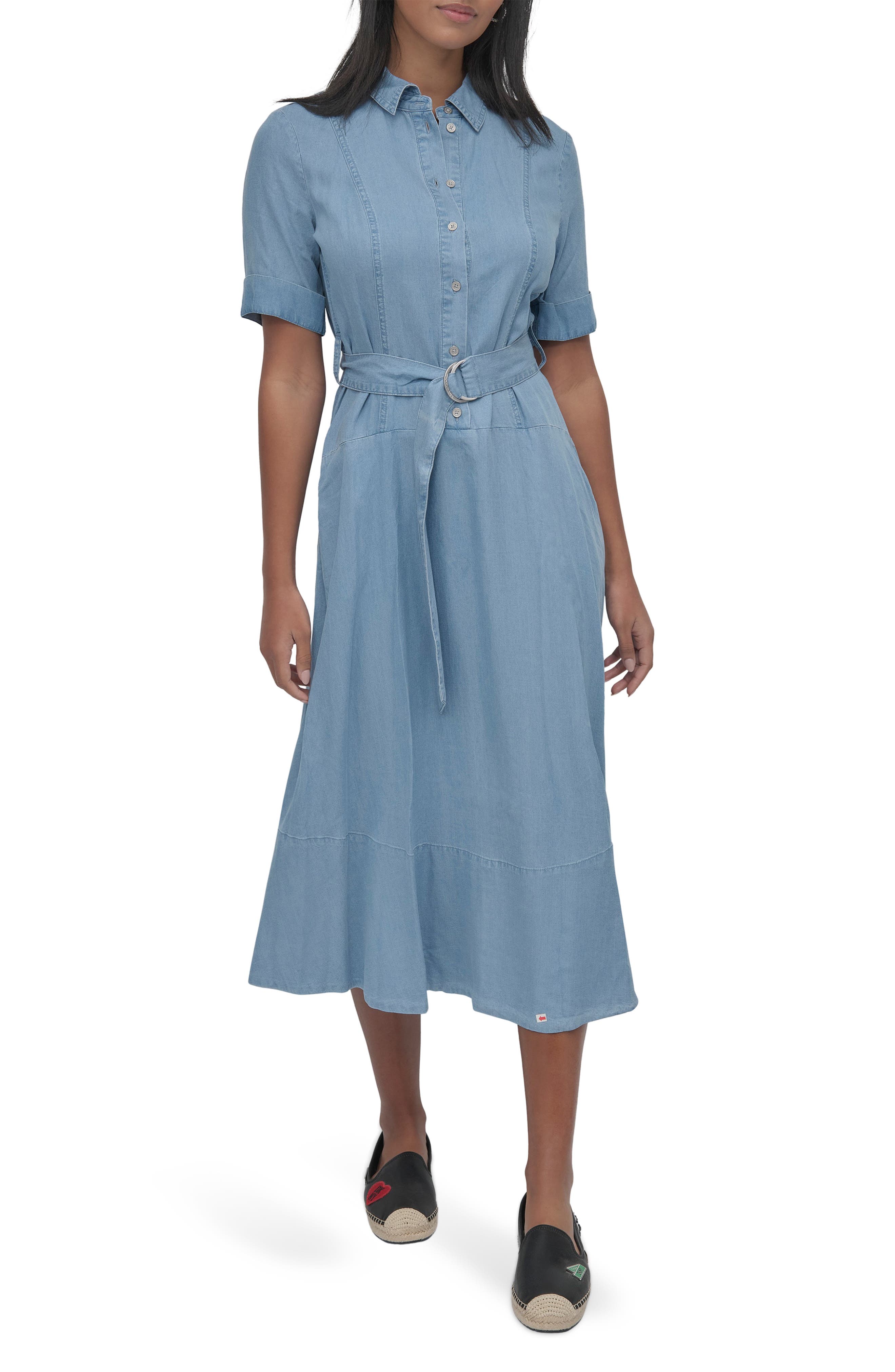 DKNY Jeans Belted Drop Waist Denim Midi Dress