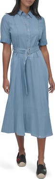 DKNY Jeans Belted Drop Waist Denim Midi Dress