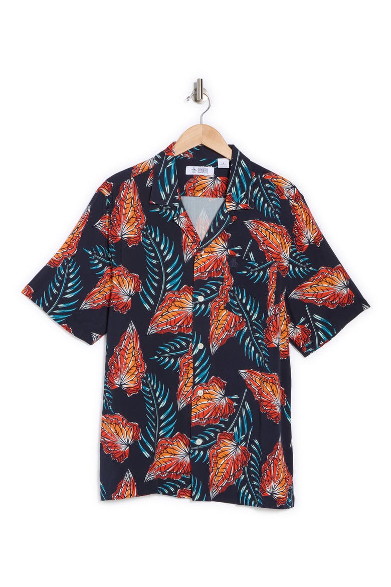 Leaves Slim Fit Camp Shirt, Alternate, color, DARK SAPPHIRE