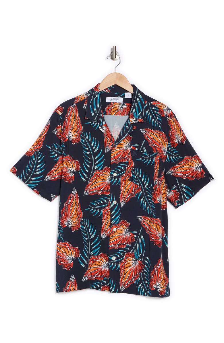 Original Penguin Leaves Slim Fit Camp Shirt, Alternate, color, Dark Sapphire