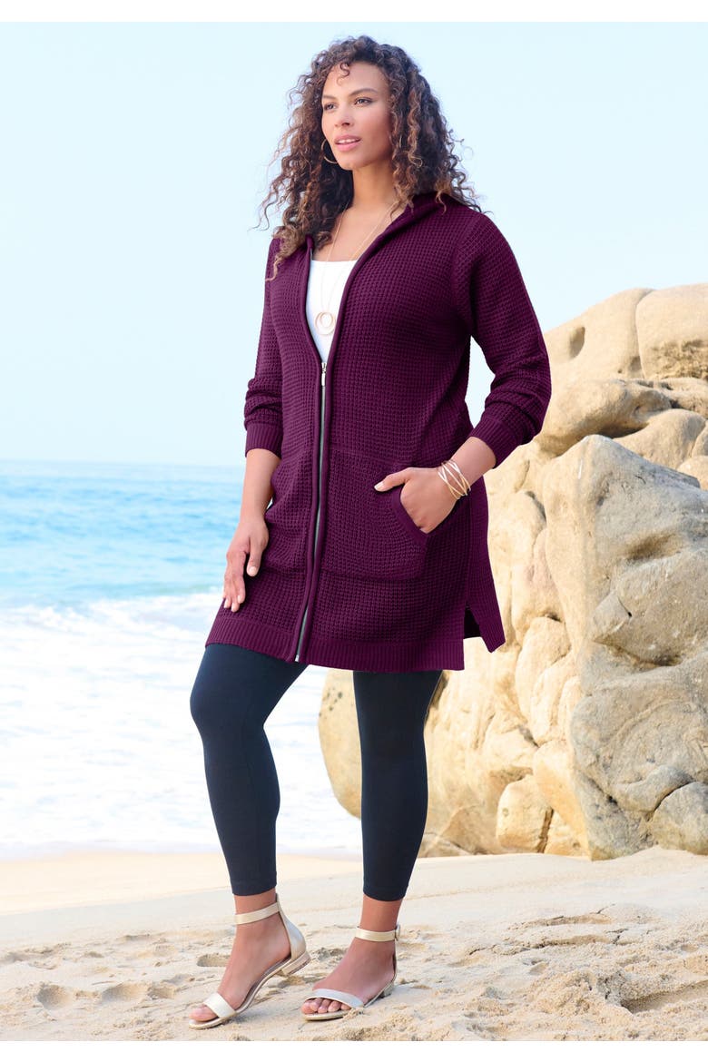 Waffle Mega Length Zip Hoodie, Alternate, color, CHOCOLATE