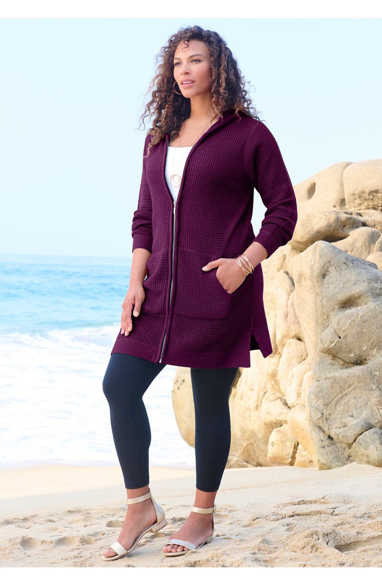 Roaman's Waffle Mega Length Zip Hoodie, Alternate, color, Black