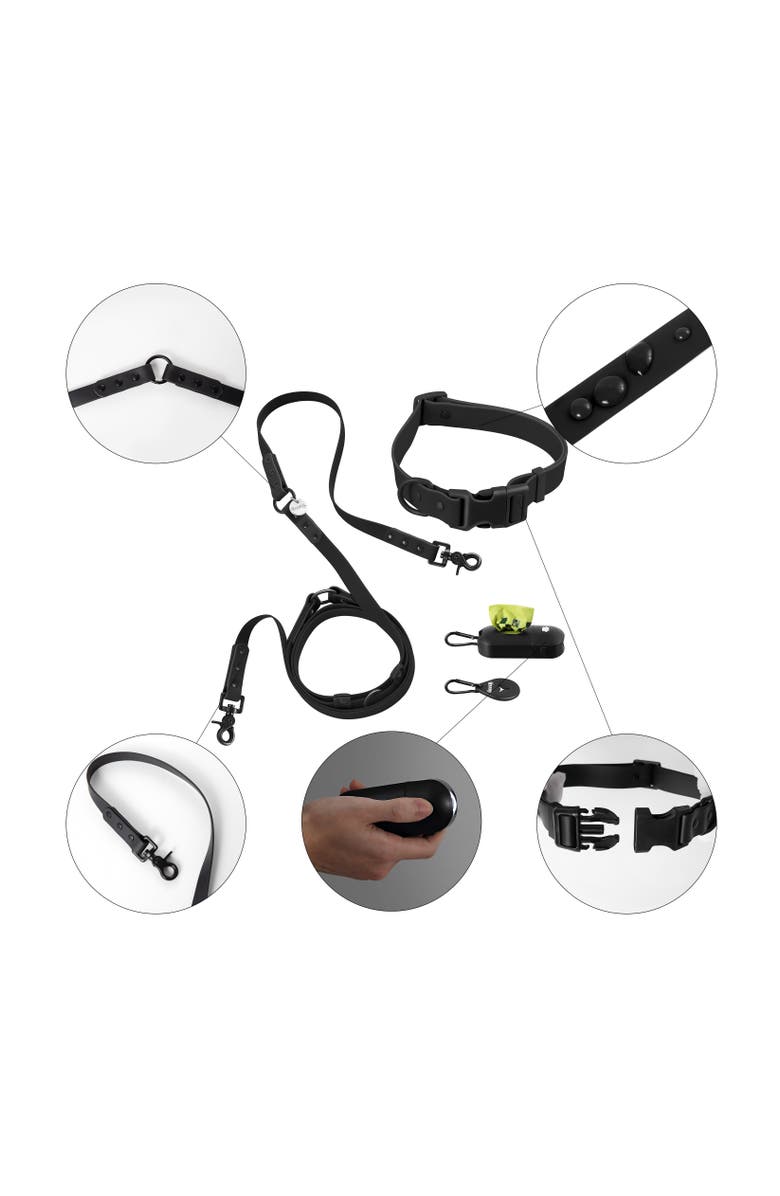 The Licker Store Luna 8FT Adjustable 6-in-1 Waterproof Hands-Free Leash and Collar with LED Flashlight, Bag Dispenser, and Poop Bag Holder, Alternate, color, Black
