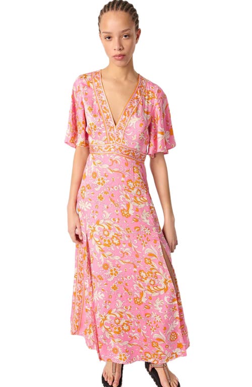 Maje Ritalen Butterfly-sleeve Midi Dress In Orange Pink Flowers Print