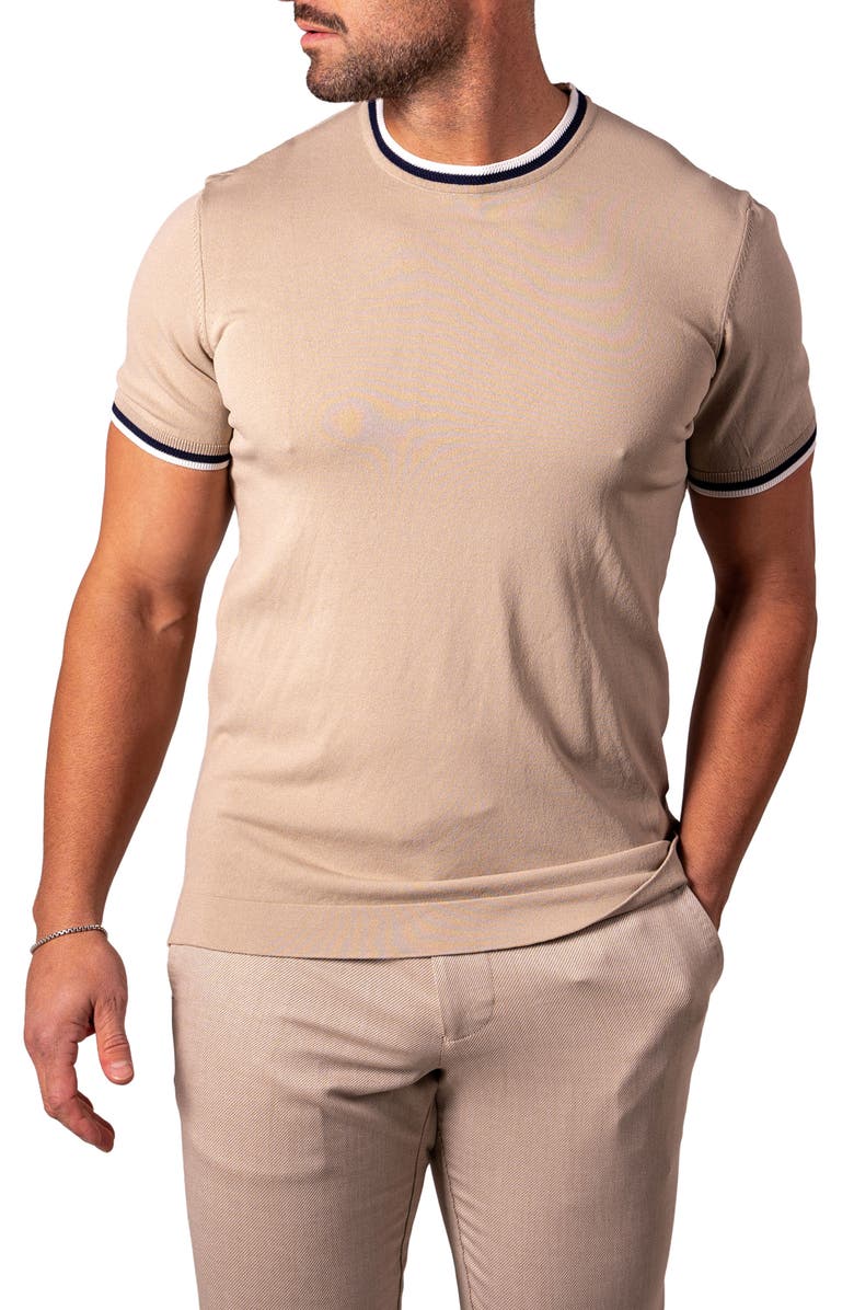 Maceoo Tipped Short Sleeve Sweater, Alternate, color, Light Brown