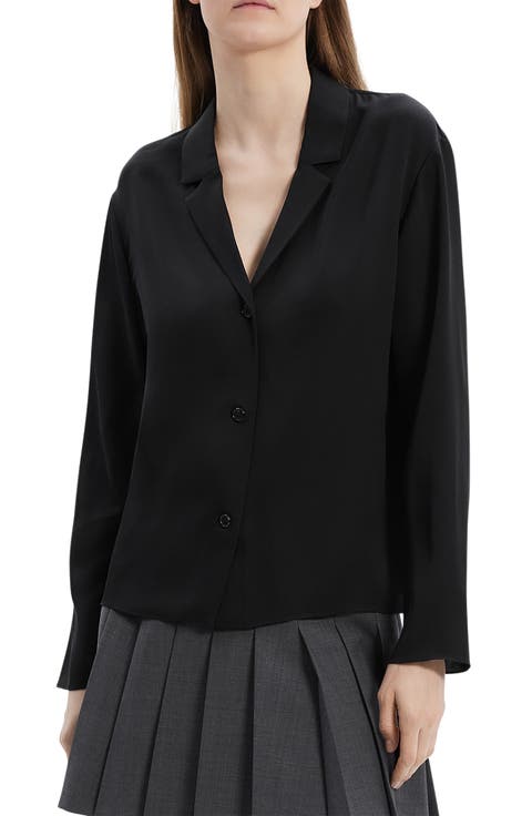 Notch Collar Silk Button-Up Shirt (Regular & Petite)