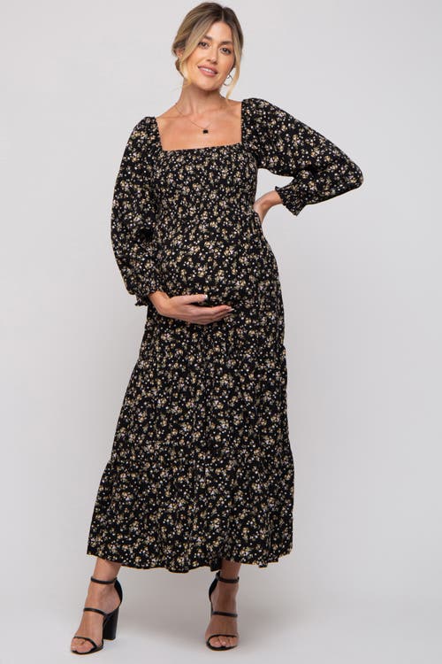 Pinkblush Floral Smocked Long Sleeve Maxi Dress In Black