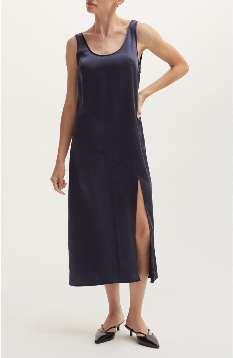 CRESCENT Crushed Satin Tank Midi Dress, Main, color, Midnight Blue