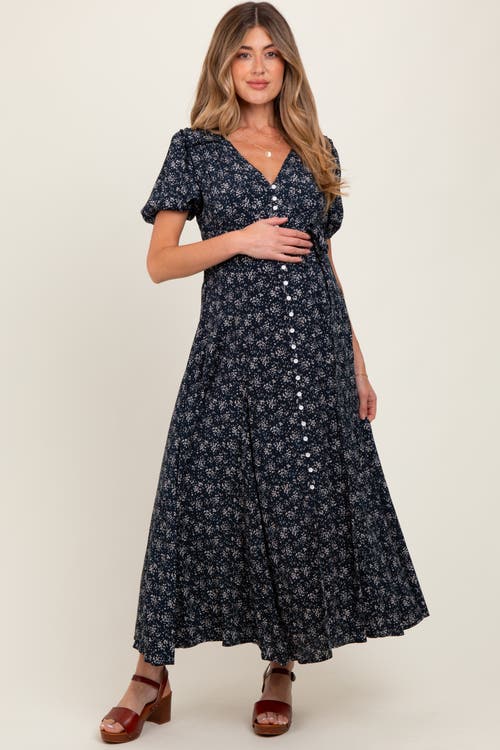 Pinkblush Floral Button Down Maternity Dress In Blue