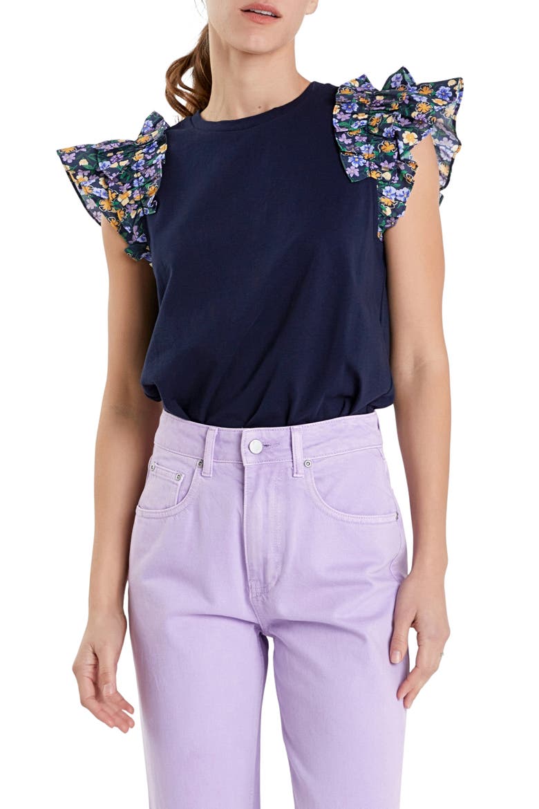Floral Ruffle Sleeve Top, Alternate, color, NAVY MULTI