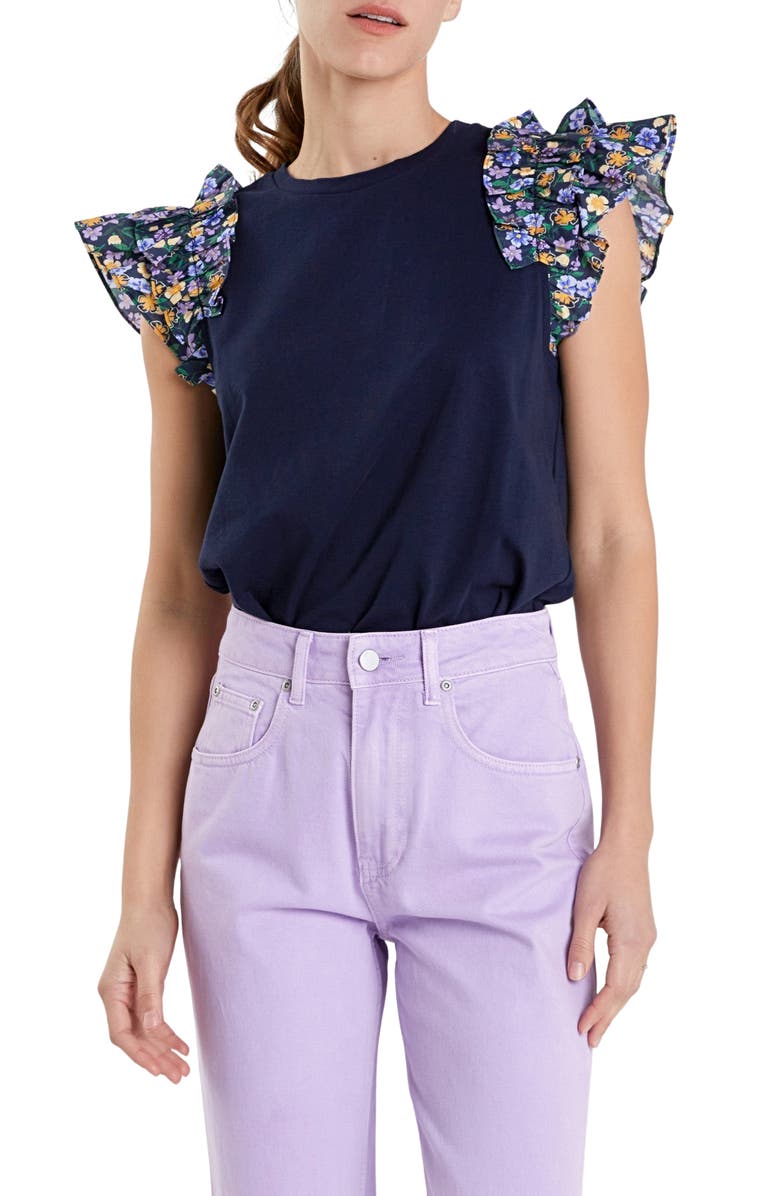 English Factory Floral Ruffle Sleeve Top, Alternate, color, 