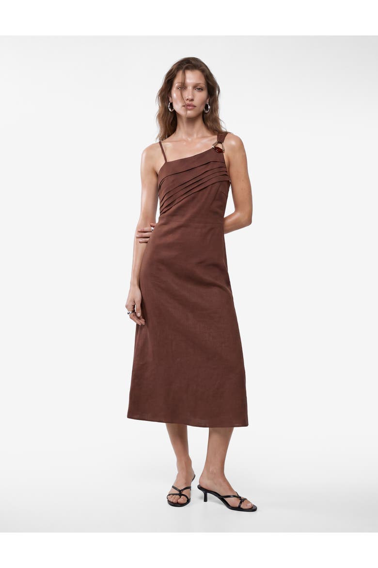 Linen Blend Asymmetric Pleated One-Shoulder Midi Dress, Alternate, color, BROWN