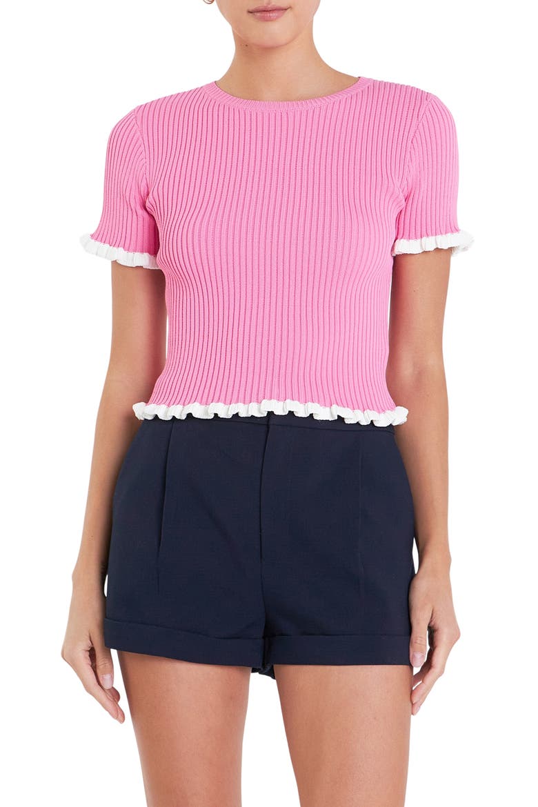 Ruffle Trim Short Sleeve Rib Sweater, Main, color, PINK/ WHITE