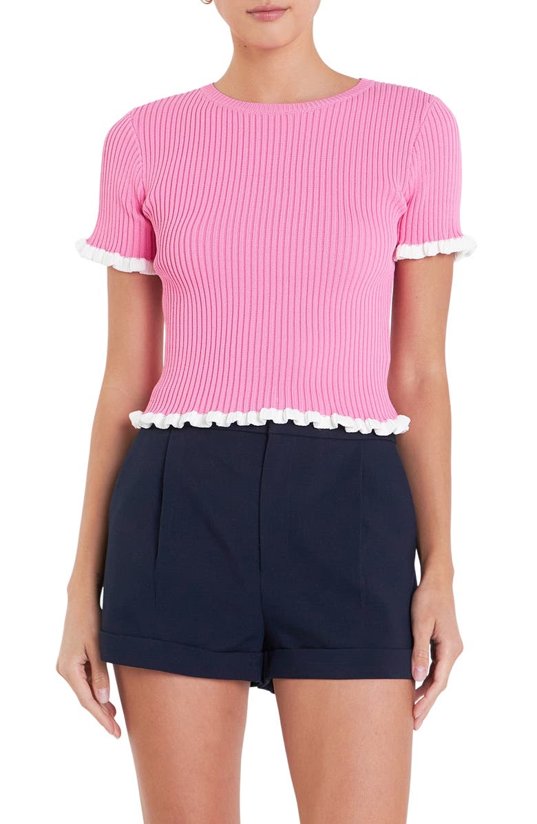 English Factory Ruffle Trim Short Sleeve Rib Sweater, Main, color, Pink/ White