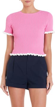 English Factory Ruffle Trim Short Sleeve Rib Sweater