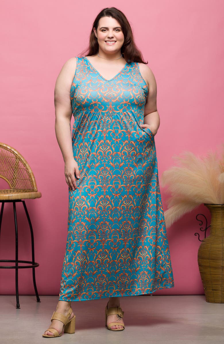 24seven Comfort Apparel Scroll Print Knit Maxi Dress, Alternate, color, Blue Multi