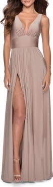 La Femme Empire Waist Gown with Deep V Neckline