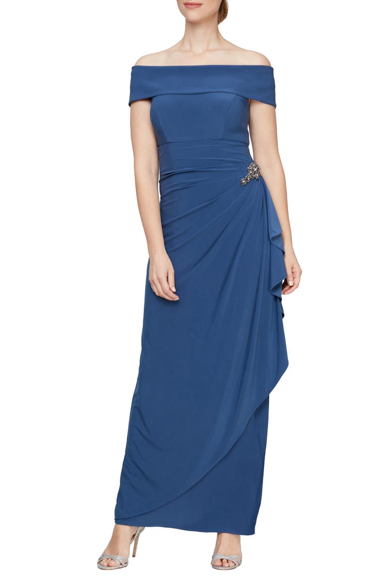 Embellished Off the Shoulder Column Gown, Main, color, WEDGEWOOD