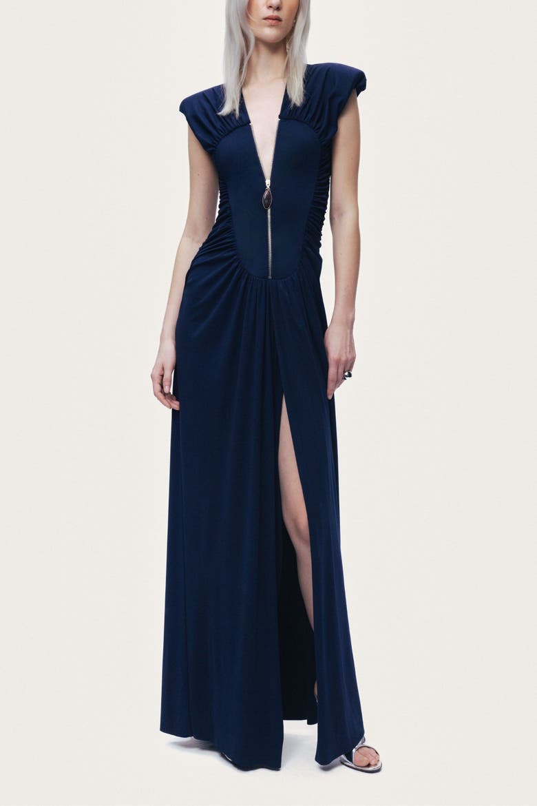 Zip-Front Draped Maxi Dress, Main, color, Navy