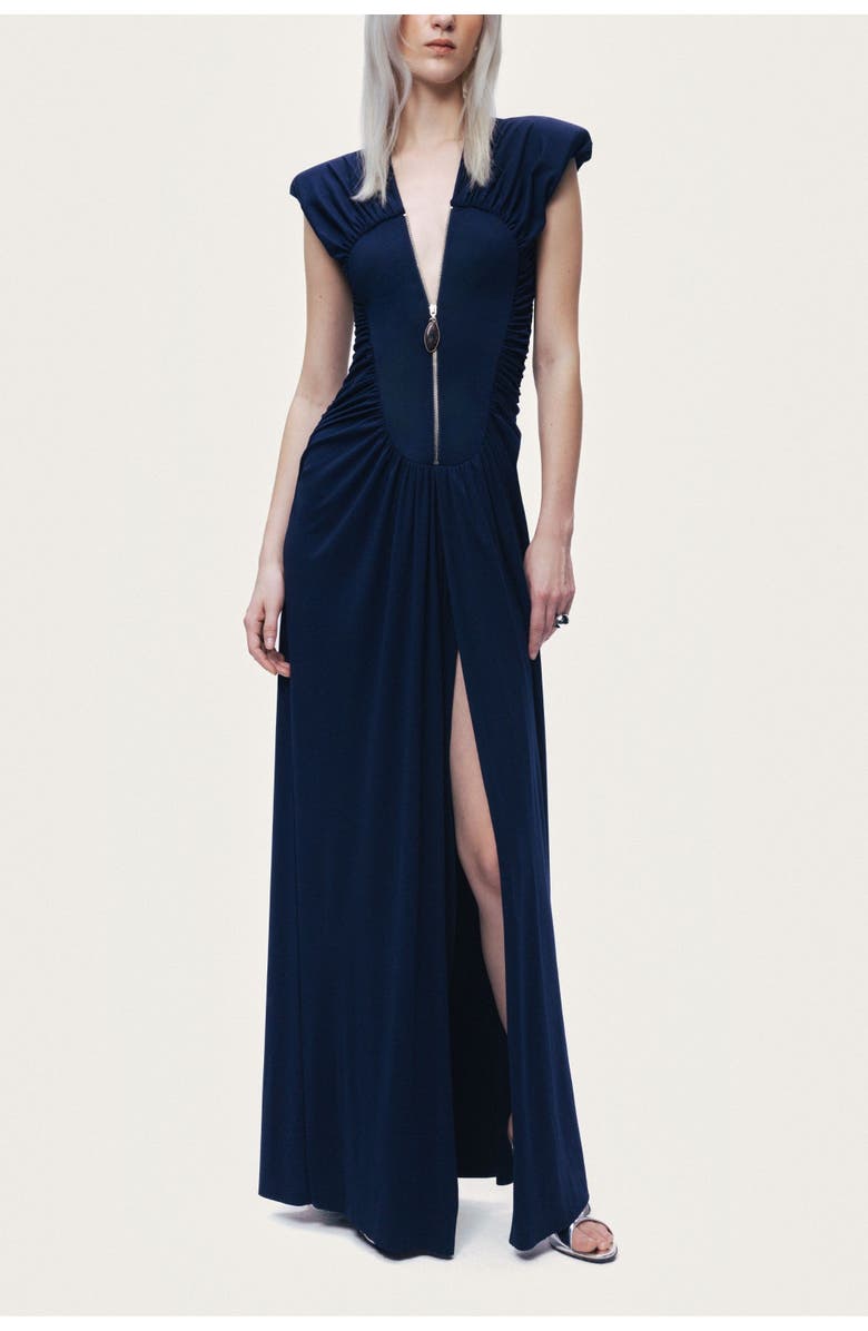 Nocturne Zip-Front Draped Maxi Dress, Main, color, Navy