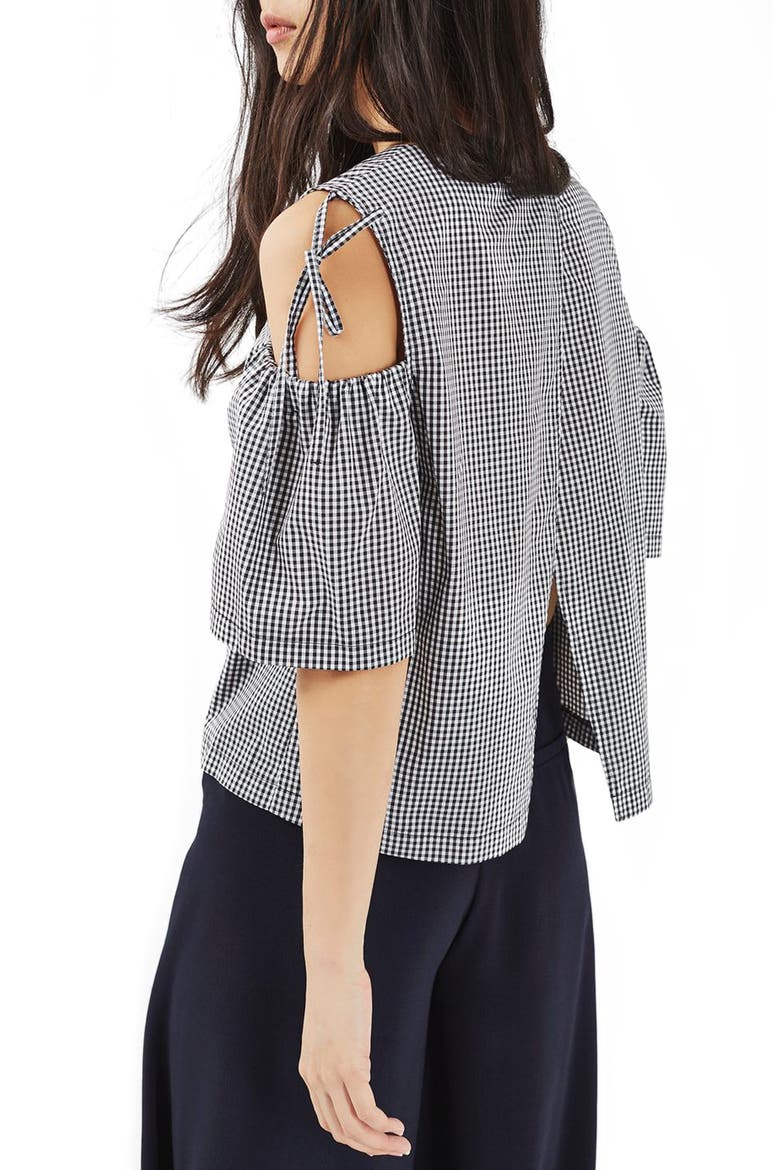 Gingham Tie Cold Shoulder Top, Alternate, color, BLACK MULTI