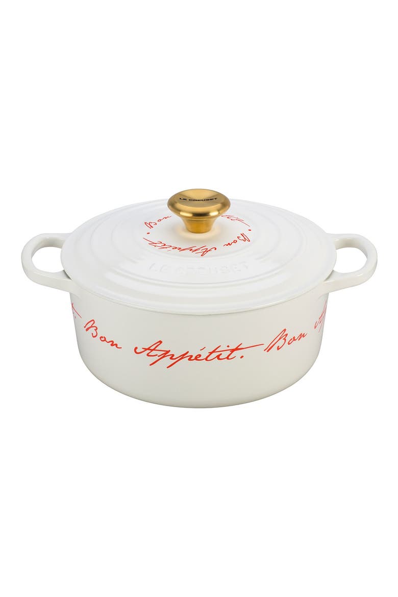 'Bon Appétit - Gold Knob' 4 1/2 Quart Round Enamel Cast Iron French/Dutch Oven, Main, color, WHITE