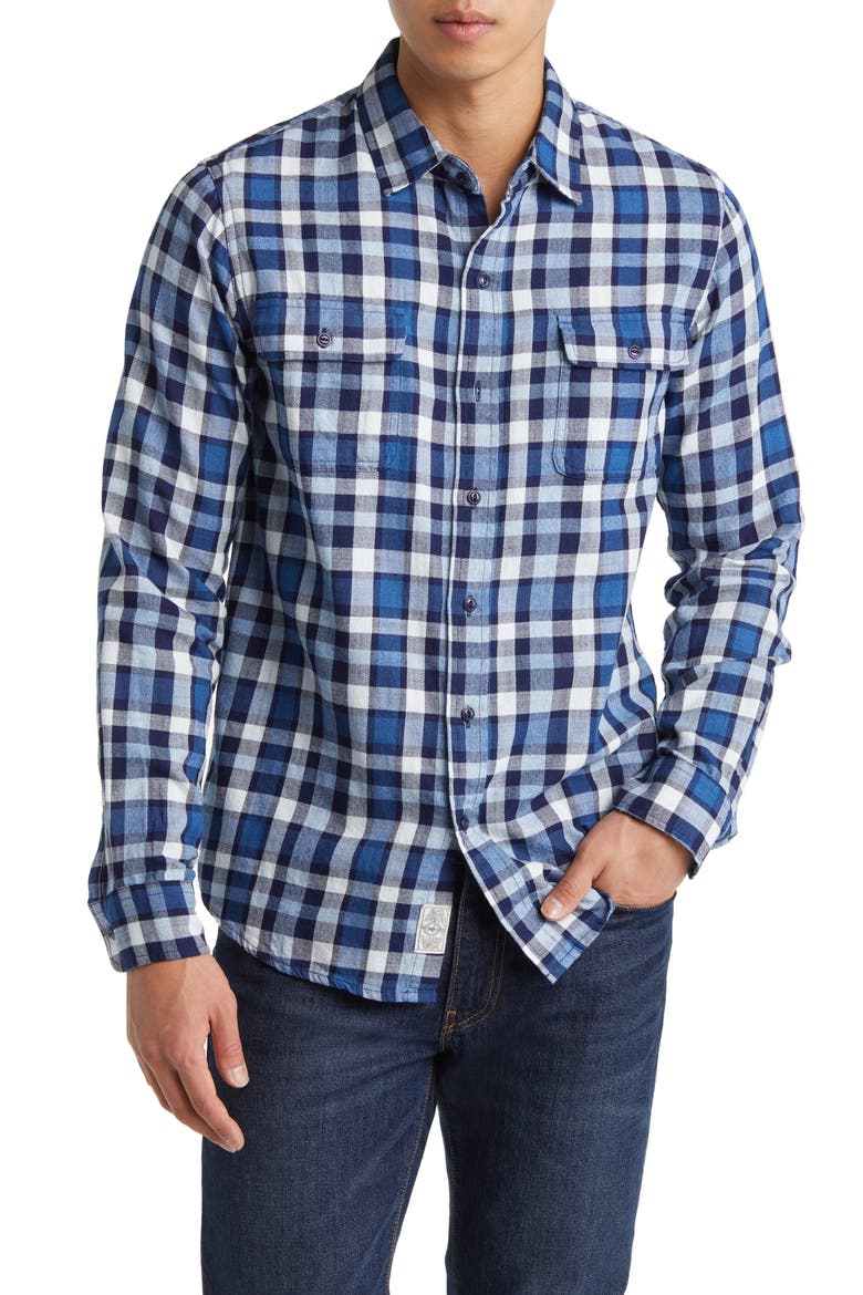 Plaid Slub Cotton Button-Up Shirt, Main, color, BLUE