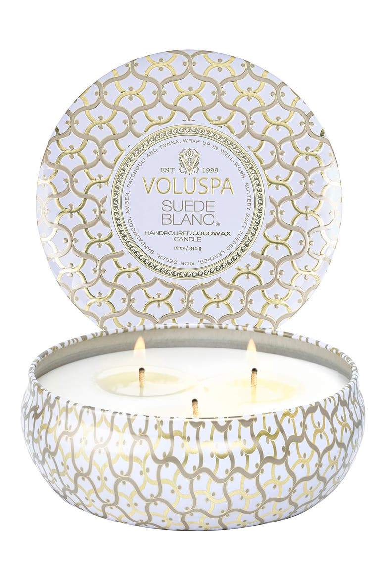 Suede Blanc 3-Wick Tin Candle, Alternate, color, SUEDE BLANC