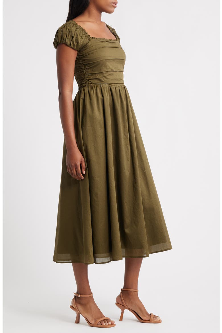 Gathered Bodice Cotton Midi Dress, Alternate, color, OLIVE