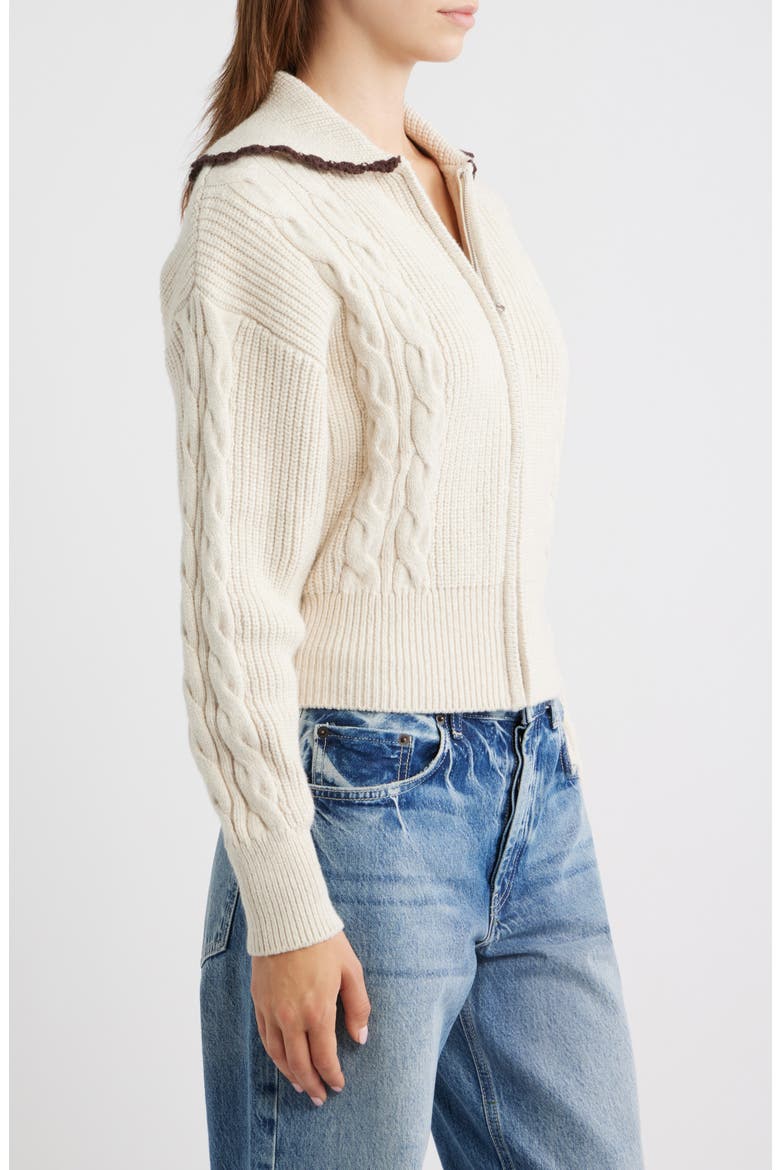 Lune Cable Knit & Rib Cotton Blend Cardigan, Alternate, color, HEATHER OAT CHOCOLATE