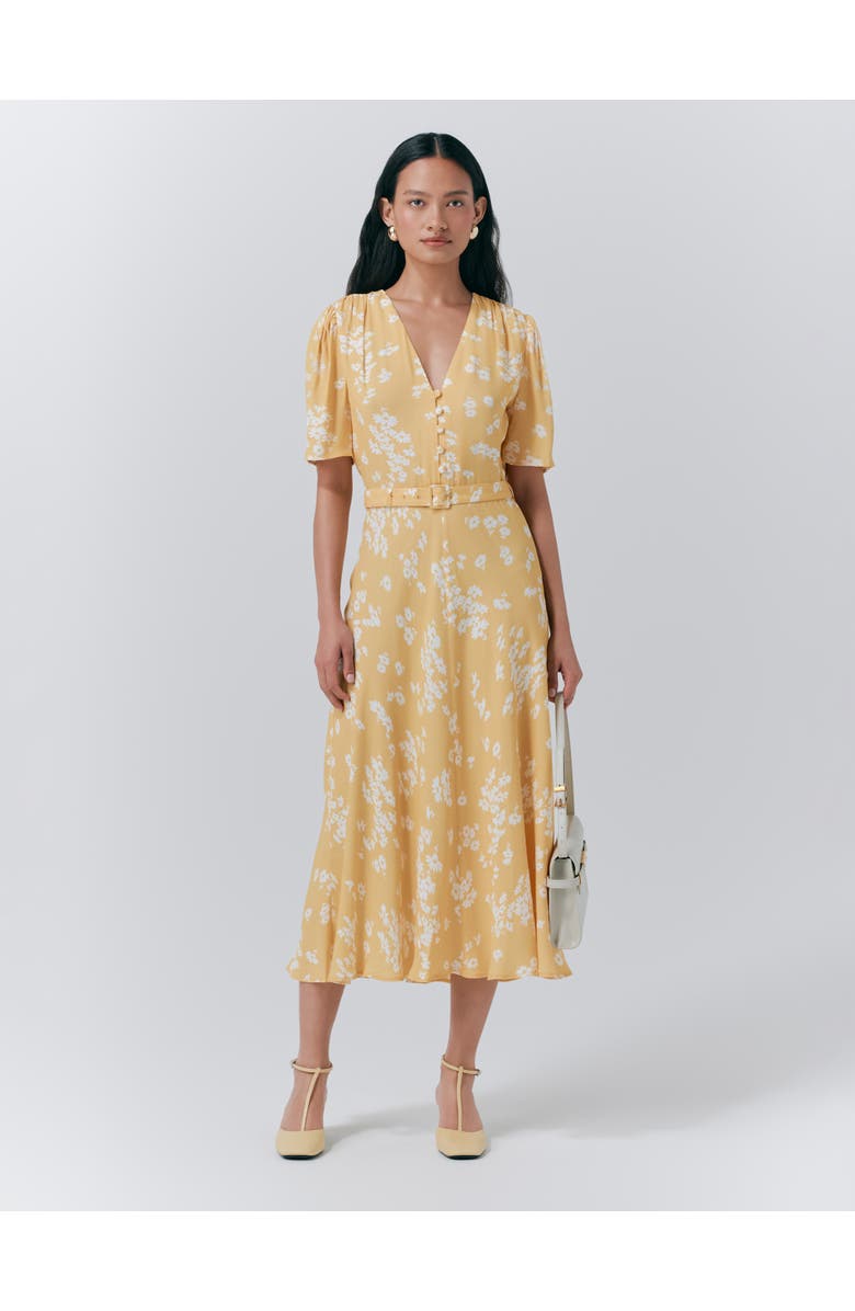 Ghost London Jemima Crepe Floral Belted Midi Dress, Main, color, Yellow Daisy Ray
