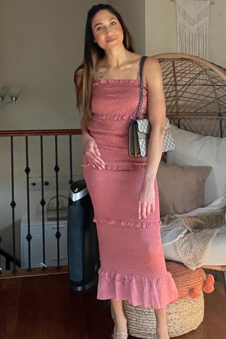 Satin Smocked Fitted Maxi Dress, Alternate, color, Mauve