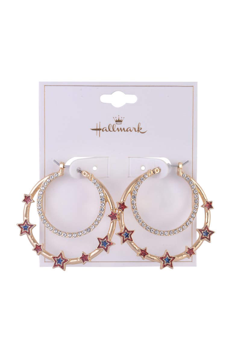 Double Stone Hoop Earrings with Red and Blue Star Accents, Alternate, color, Red