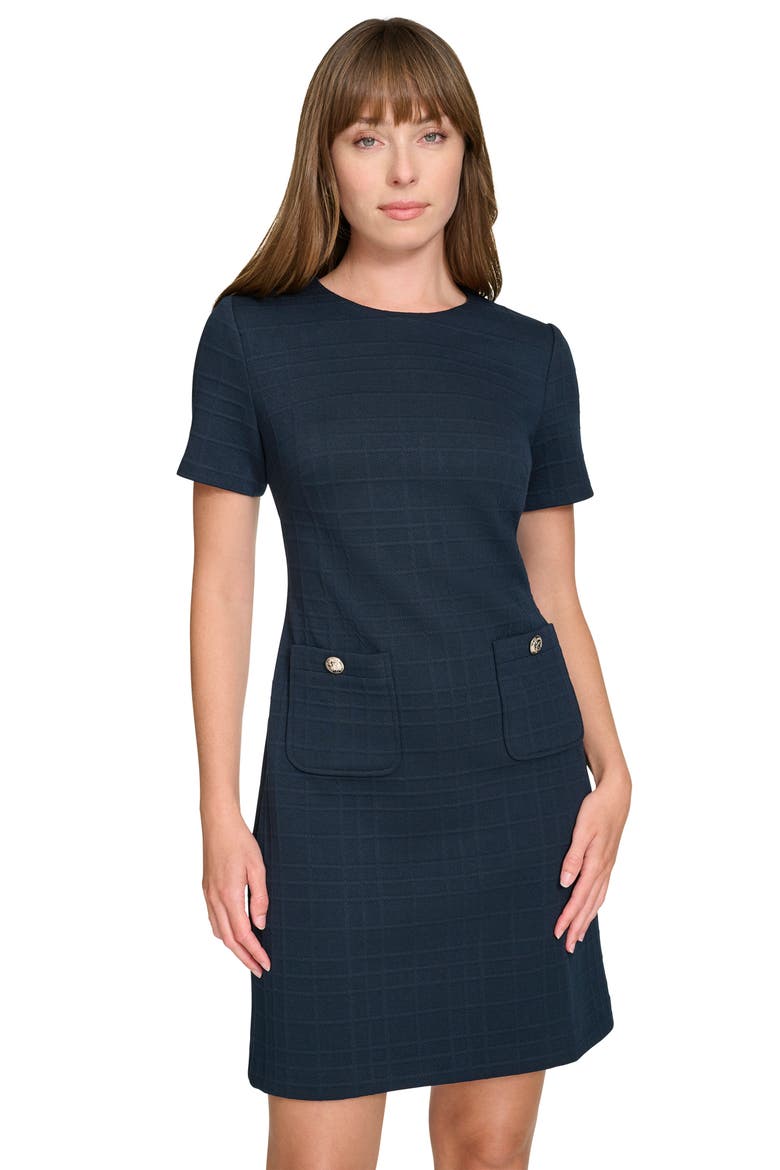 Windowpane Short Sleeve Shift Dress, Alternate, color, SKY CAPTAIN