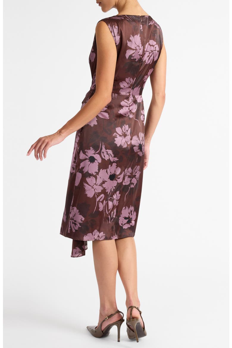 Nica Sleeveless Dress with Side Ruffle in Floral Twill Crepe, Alternate, color, RAISIN