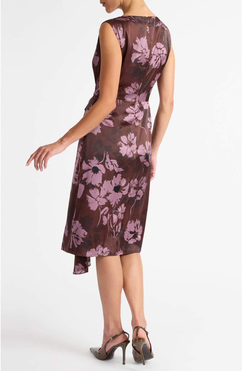 Santorelli Nica Sleeveless Dress with Side Ruffle in Floral Twill Crepe, Alternate, color, Raisin