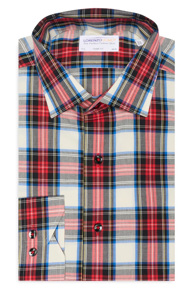 Trim Fit Tartan Check Dress Shirt, Alternate, color, SANGRIA