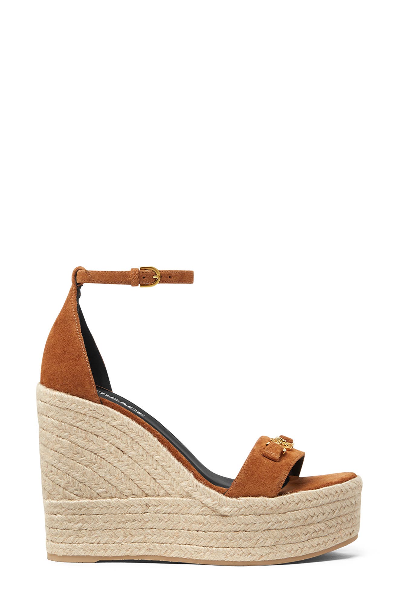 Versace Medusa '95 Suede Espadrille Wedge Sandal, Alternate, color, Spice Brown-Versace Gold