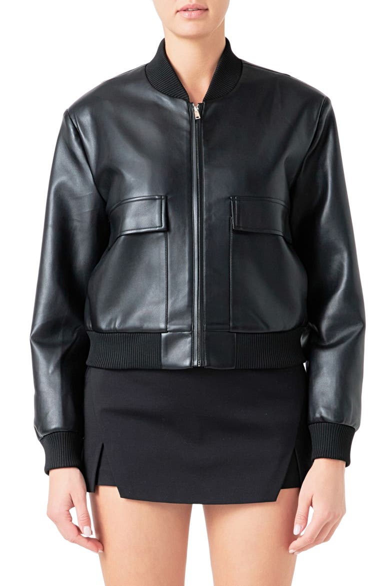 Faux Leather Bomber Jacket, Main, color, BLACK