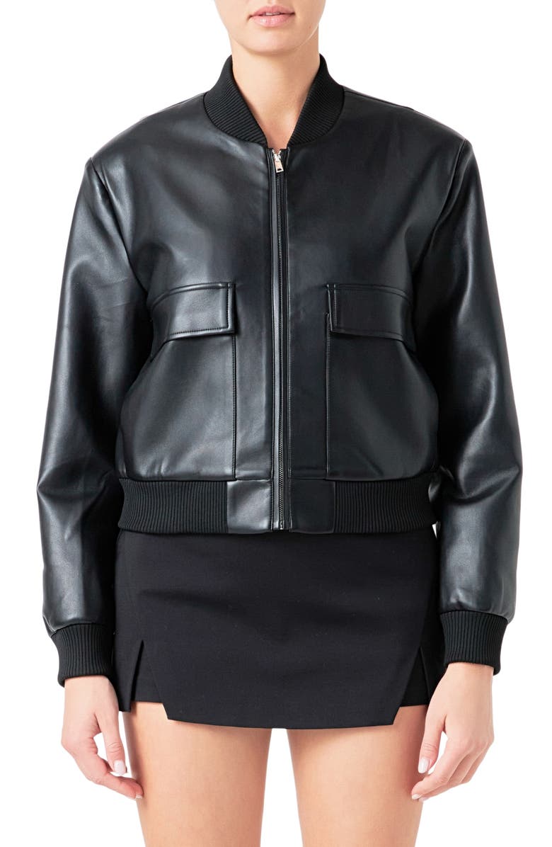Endless Rose Faux Leather Bomber Jacket, Main, color, Black