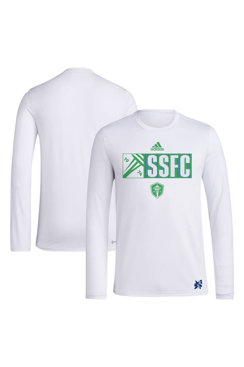Men's adidas White Seattle Sounders FC 2024 Jersey Hook AEROREADY Long Sleeve T-Shirt, Main, color, White