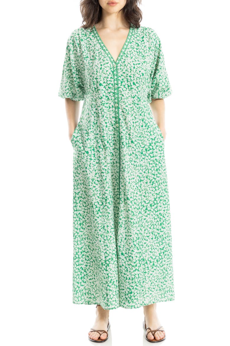 V-Neck Puff Sleeve Maxi Dress, Main, color, GREEN DAISY SPRINKLE