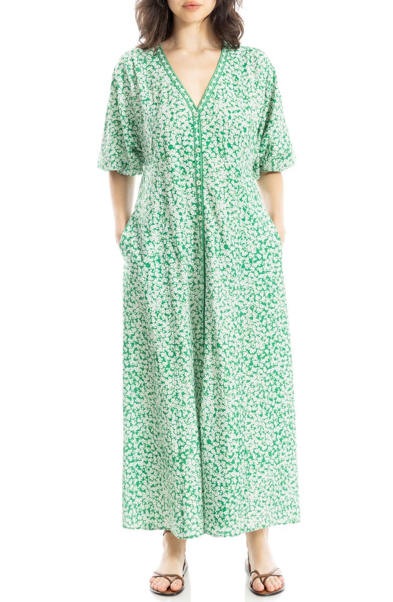 MAX STUDIO V-Neck Puff Sleeve Maxi Dress, Main, color, Green Daisy Sprinkle