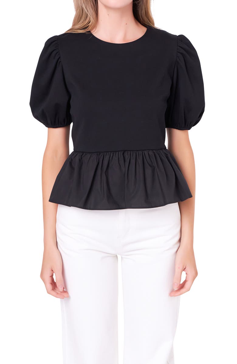 English Factory Mixed Media Puff Sleeve Peplum Top, Alternate, color, Black