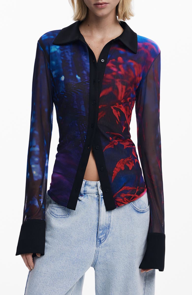 Desigual Rib Trim Mesh Button-Up Shirt, Main, color, Black