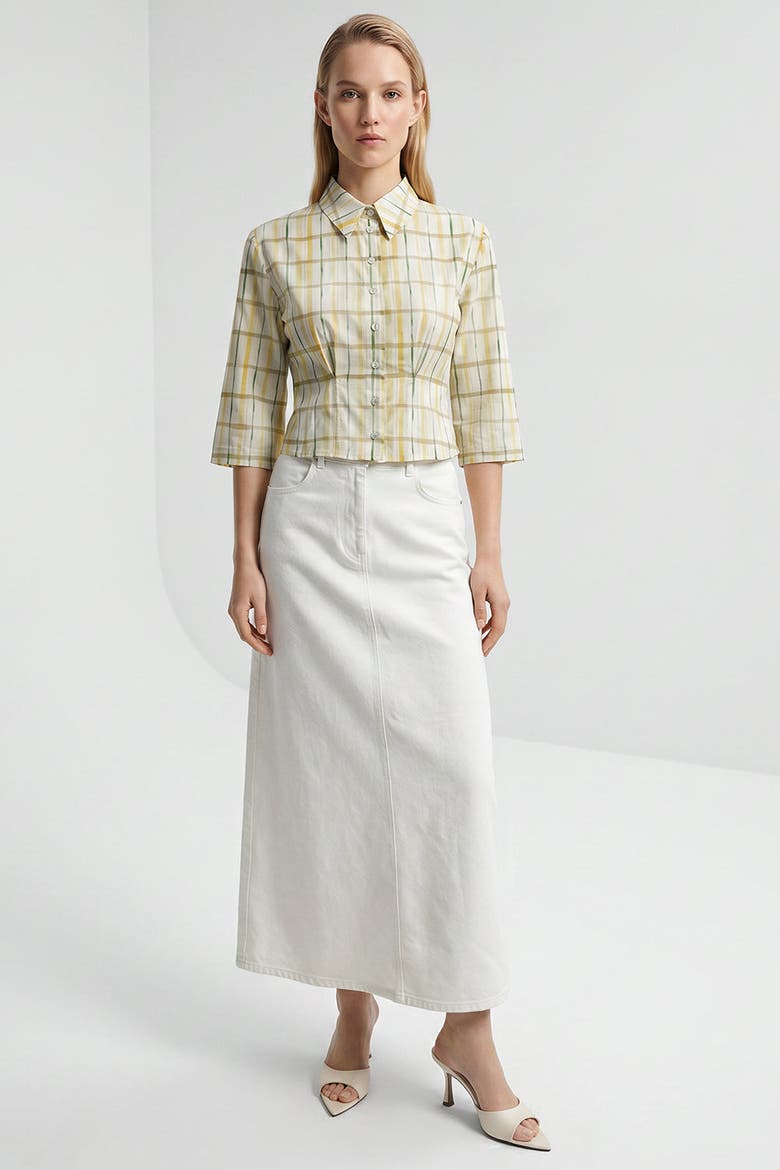 Evariste High Waist Denim Midi Skirt With Pockets, Alternate, color, White