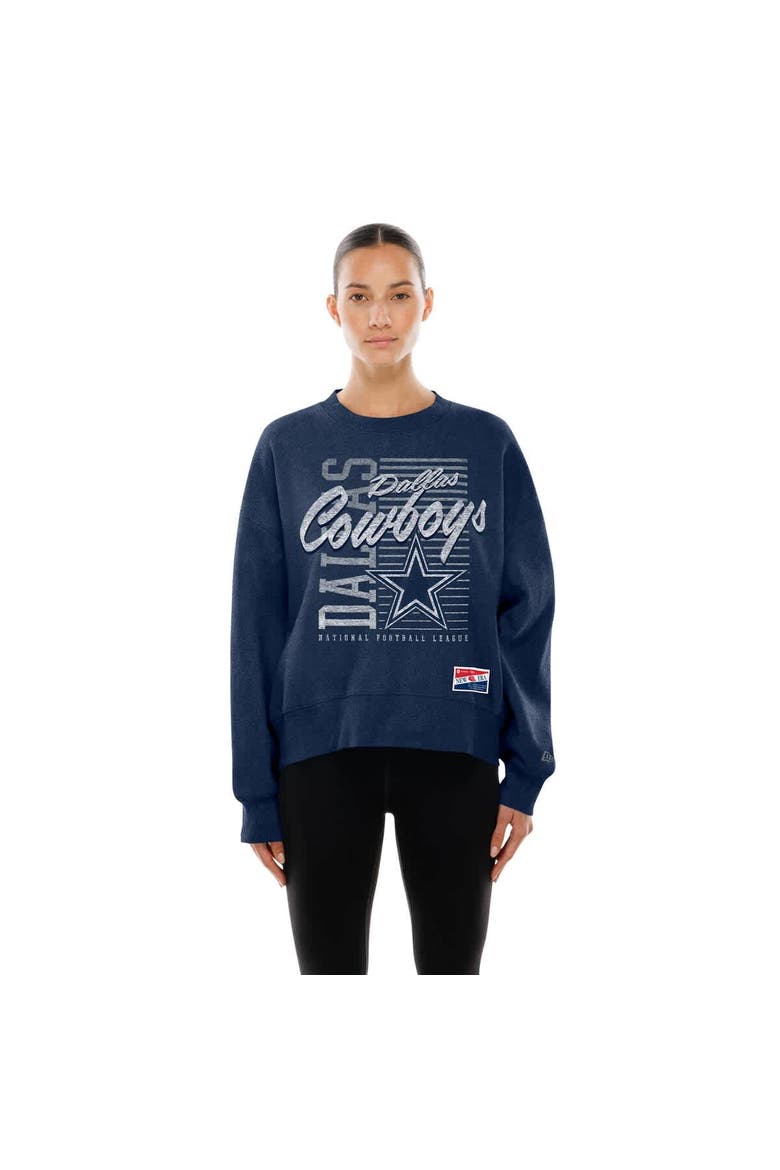 Women's New Era Navy Dallas Cowboys Oversized Throwback Mineral Wash Crew Neck Sweatshirt, Main, color, Navy