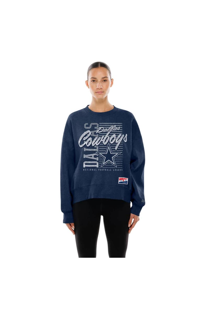New Era Women
s New Era Navy Dallas Cowboys Oversized Throwback Mineral Wash Crew Neck Sweatshirt, Main, color, Navy